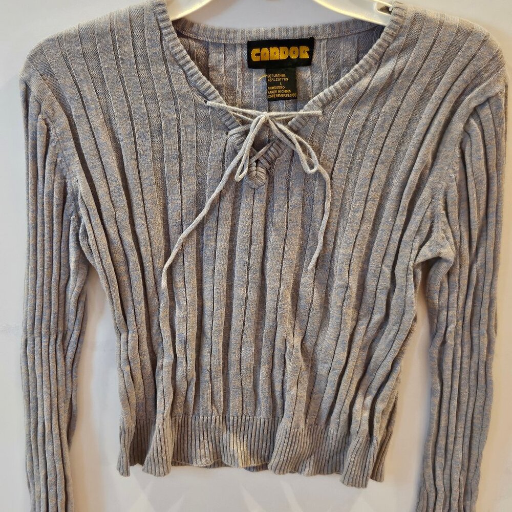 Candor Casual Women Top Lace Up V Neck Junior Size Large Blue Gray Long Sleeve